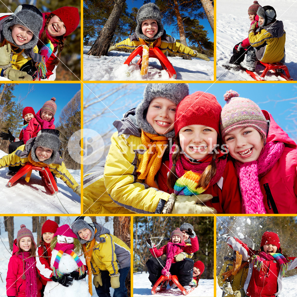 Collage of happy friends on winter vacations